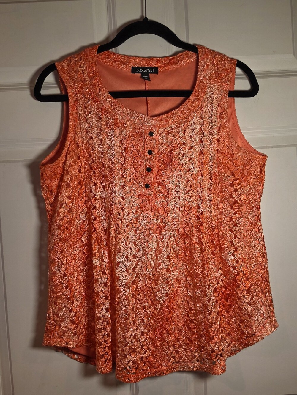 Roz & Ali Orange Lace Lined Sleeveless Top Button Detail L Petite
